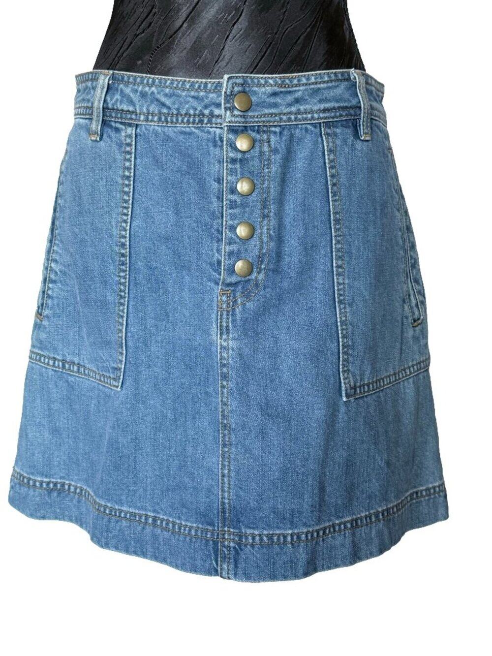 Free People High Rise Button Front Denim Mini Skirt Patch Pockets 29